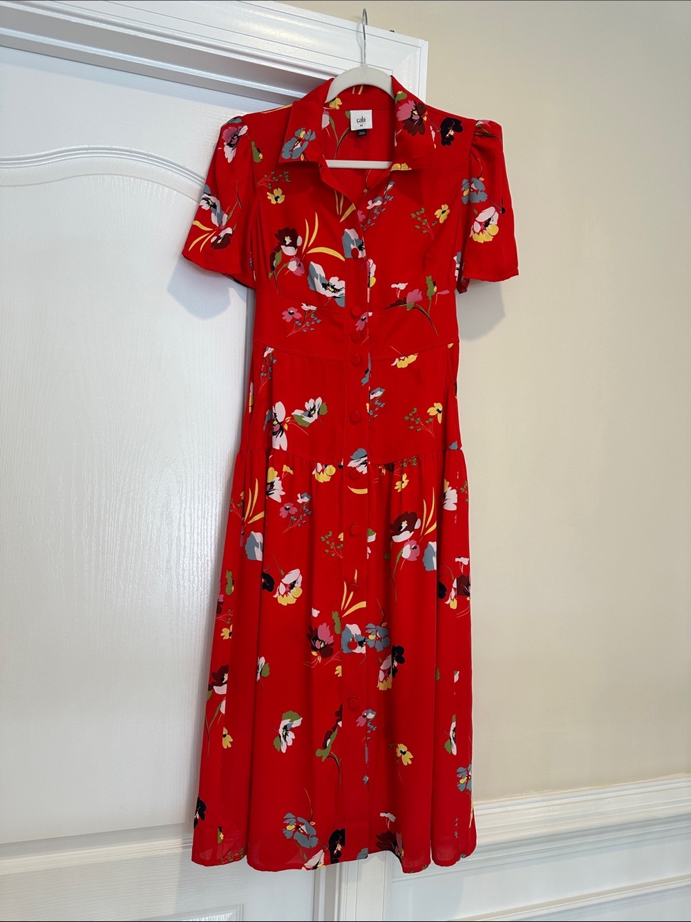 CAbi Red Floral Button-Front Midi Dress